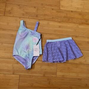 NWT Girls Size 4 Shimmer One-Piece Swimsuit & Purple Crochet Cover-Up Shorts Set
